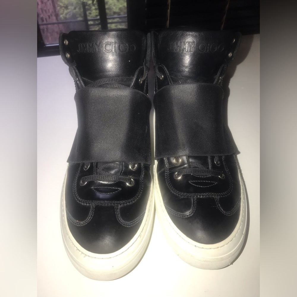 AUTHENTIC JIMMY CHOO BLK HIGH TOP LEATHER SNEAKERS SZ 42 M9